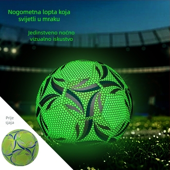 Svjetleća nogometna lopta u tami, veličina 5 za odrasle – standardni model; veličina 4 za djecu, učenike i mlade; šivena mašinom, izdržljiva za trening