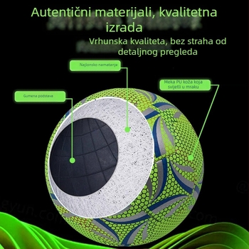 Svjetleća nogometna lopta u tami, veličina 5 za odrasle – standardni model; veličina 4 za djecu, učenike i mlade; šivena mašinom, izdržljiva za trening