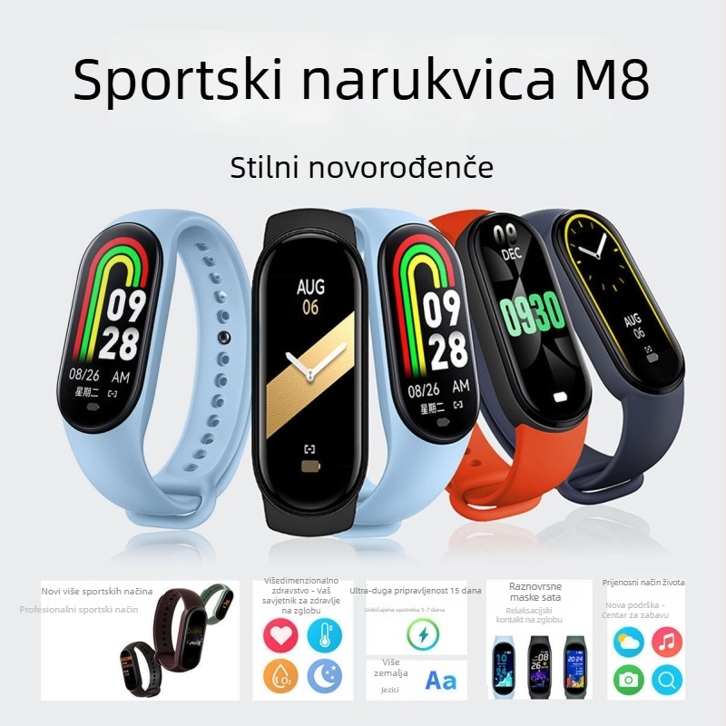 M8 pametna narukvica: Praćenje otkucaja srca, Mjerenje krvnog tlaka, Mjerenje zasićenosti kisikom, Praćenje sna, Trajanje baterije 7–14 dana