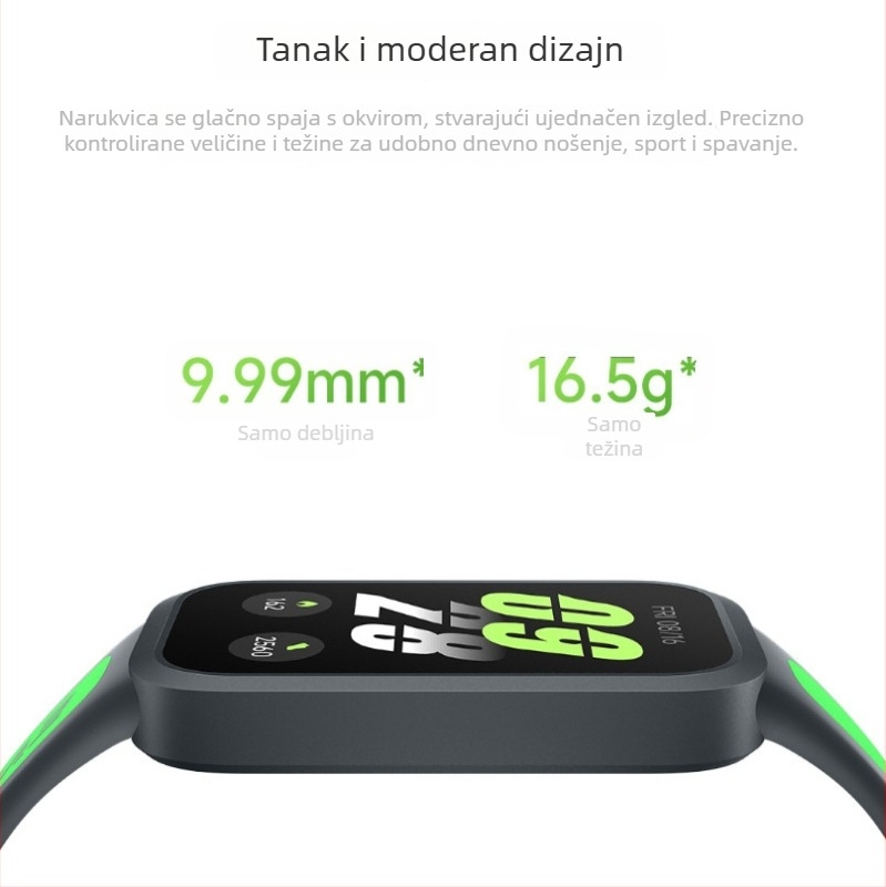 Pametna fitness narukvica (AMOLED zaslon; praćenje srčanog ritma; dnevna vodootpornost; silikon remen; autonomija baterije manje od 7 dana)