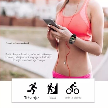 Pametni sat s Bluetoothom, brojanje koraka, praćenje otkucaja srca, mjerenje krvnog tlaka, praćenje sna i zasićenja kisikom, silikonni remen, plastično kućište