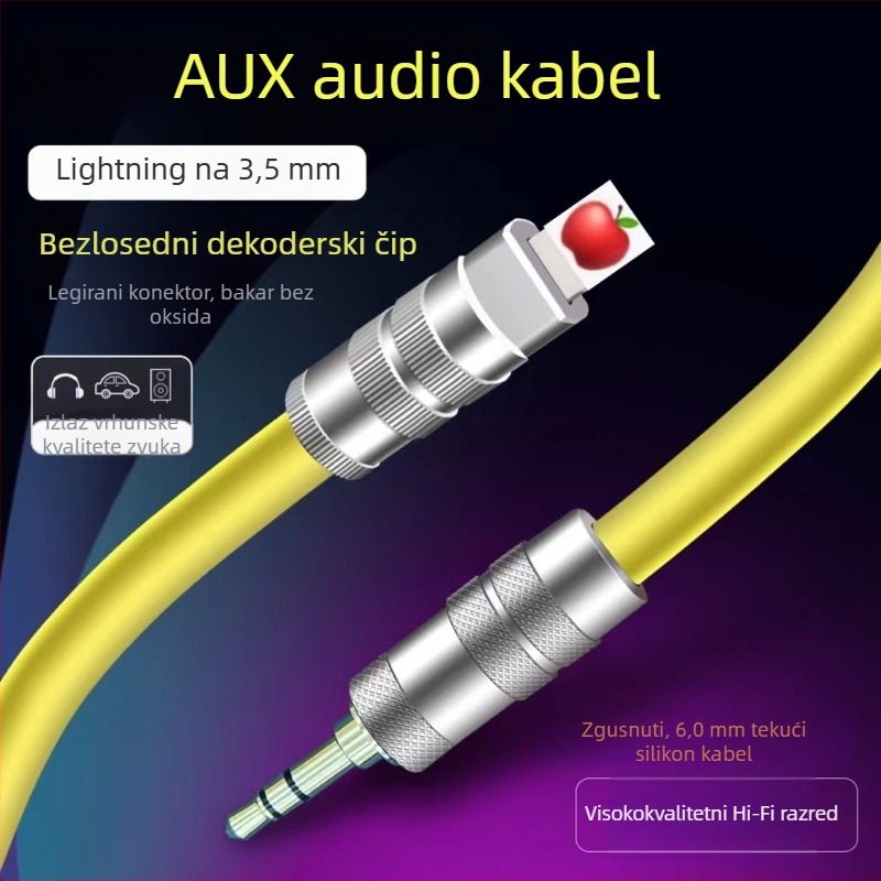 Lightning na 3,5 mm AUX audio kabel za iPhone u automobilu – 6-jezgreni vodovi, zlatni konektori, tekući silikon 6.0 mm, CCC certificiran