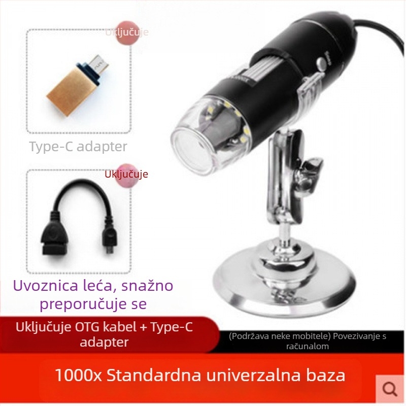 USB digitalni mikroskop s povećanjem 1600x za pregled kože i dlakavih folikula — kompatibilan sa pametnim telefonom, slike visoke rezolucije
