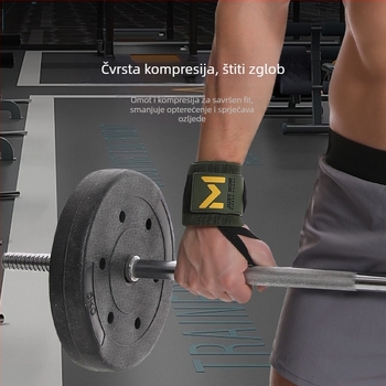Zapestnica za zaštitu zapešća – Univerzalna; Materijali: poliester vlakno/nylon/prirodni lateks vlakno; Pogodna za dizanje utega, trčanje, fitness i klupu; Prilagodljiva