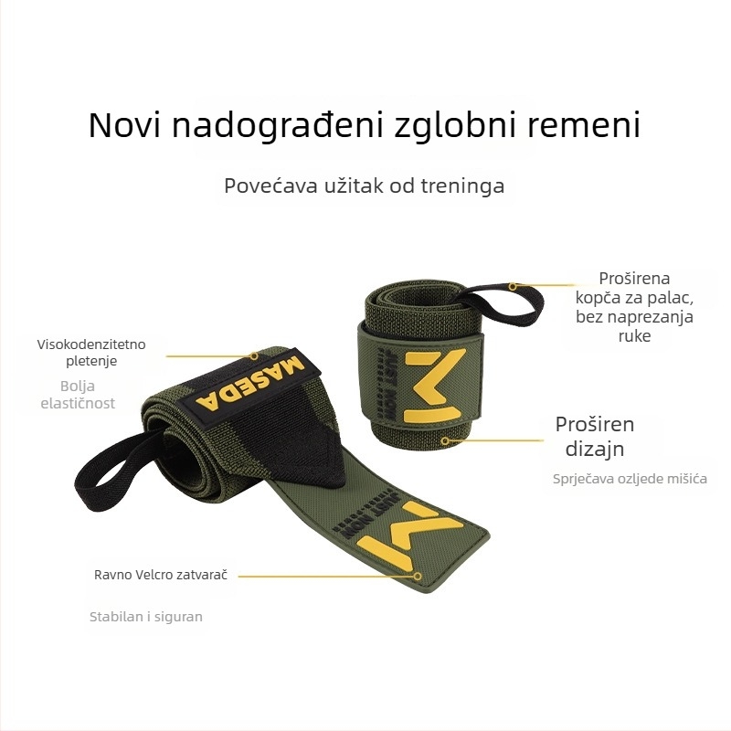 Zapestnica za zaštitu zapešća – Univerzalna; Materijali: poliester vlakno/nylon/prirodni lateks vlakno; Pogodna za dizanje utega, trčanje, fitness i klupu; Prilagodljiva