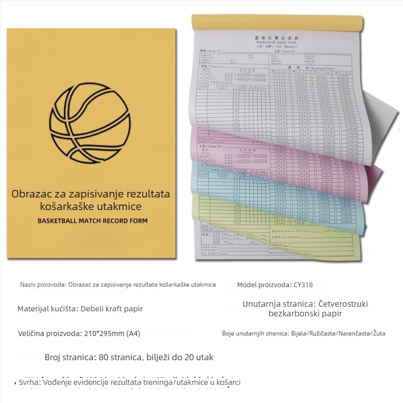 Tablica za bodovanje s karticom zamjene i taktičkom pločom za košarku, nogomet, badminton i stolni tenis; papir, 500 listova, ispis logotipa, prilagodba