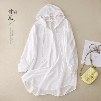 Ženska majica s kapuljačom i dugim rukavima, UV zaštita, pamuk-lanena smjesa s konoplom, ljetni ležerni kardigan