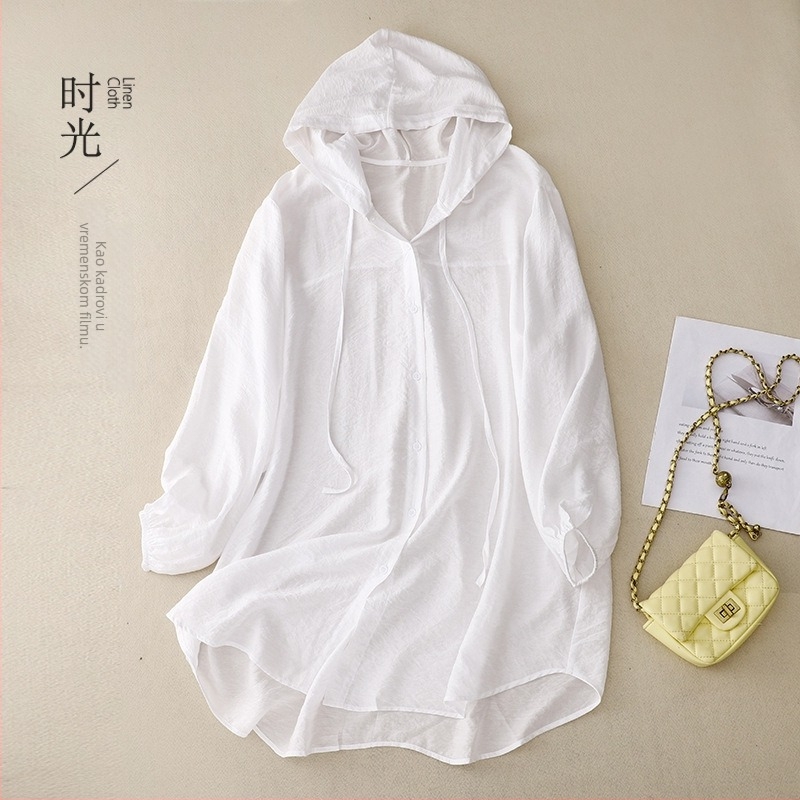 Ženska majica s kapuljačom i dugim rukavima, UV zaštita, pamuk-lanena smjesa s konoplom, ljetni ležerni kardigan