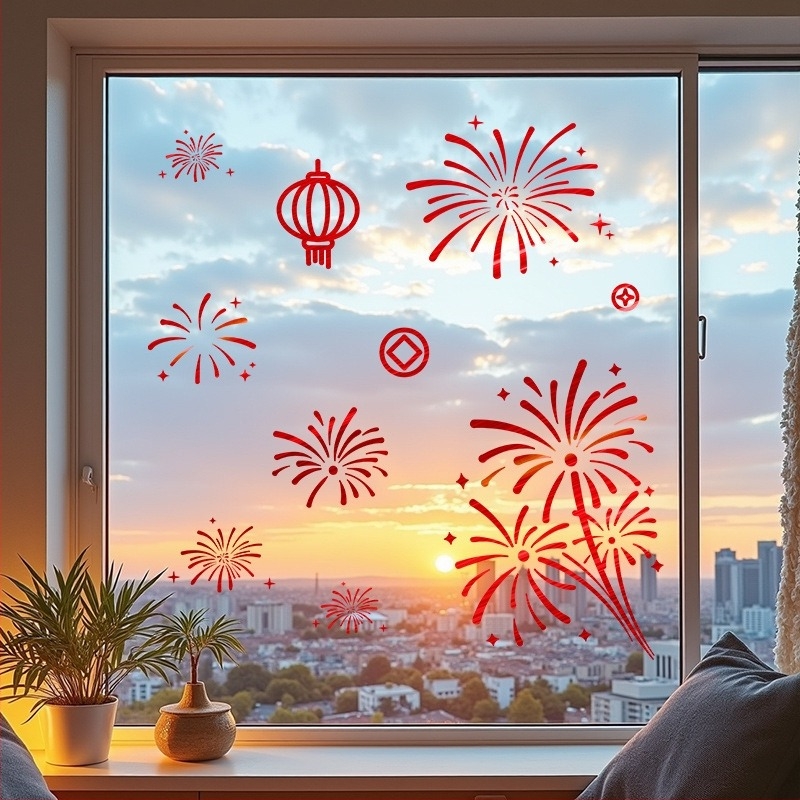PVC naljepnica za prozor ili staklena vrata — elektrostatska dekoracija za Novu godinu 2026, vatromet konja, svečani uzorak, prilagodljivo