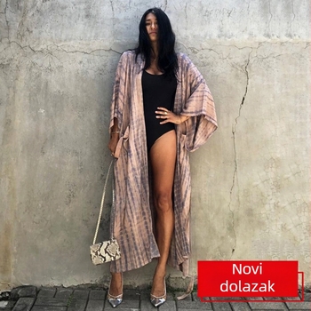 Plažna haljina s vezivanjem i otiskom, zaštitna haljina za kupaći, zaštita od sunca, 65% pamuk, podstava 100% pamuk, 65 GSM
