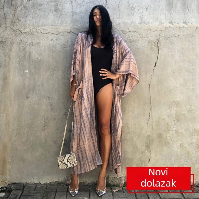 Plažna haljina s vezivanjem i otiskom, zaštitna haljina za kupaći, zaštita od sunca, 65% pamuk, podstava 100% pamuk, 65 GSM