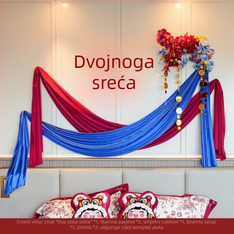 Set dekoracije svadbenog prostora u spavaćoj sobi nevjeste: girlanda iznad uzglavlja i pozadina s natpisom „Dvostruka Sreća“ (Materijal: Tkanina • Kategorija: Ostale svadbene potrepštine • Prigoda: Vjenčanje)