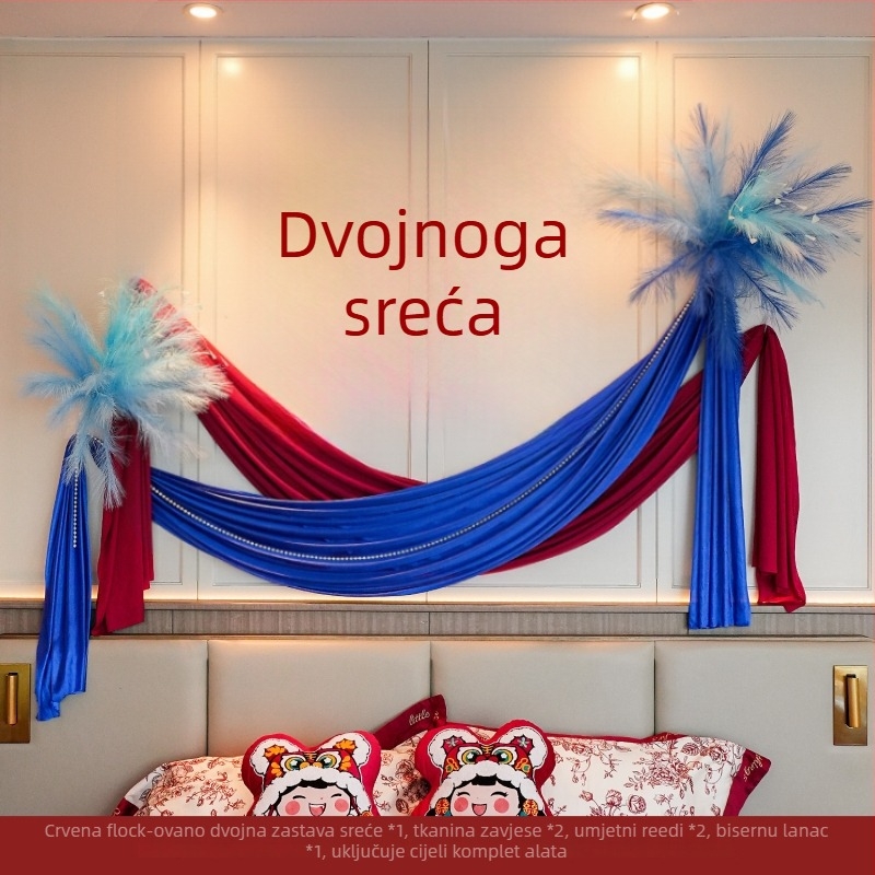Set dekoracije svadbenog prostora u spavaćoj sobi nevjeste: girlanda iznad uzglavlja i pozadina s natpisom „Dvostruka Sreća“ (Materijal: Tkanina • Kategorija: Ostale svadbene potrepštine • Prigoda: Vjenčanje)