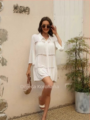 Ženski plažni top za zaštitu od sunca, duljine 80–100 cm, tkanina od umjetne pamuka 95%+, rukavi 3/4, tanak materijal, UPF30+