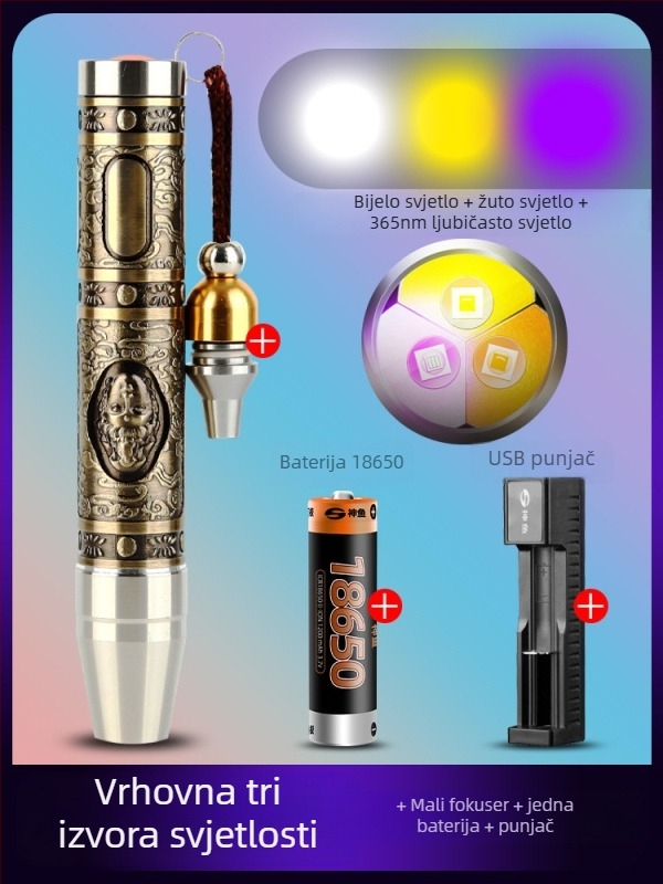 Lanterna za identifikaciju nefrita i dragog kamenja – LED, aluminijsko kućište, punjiva baterija 1200 mAh, 10 W, domet ≥500 m, višenamjenski alat za procjenu