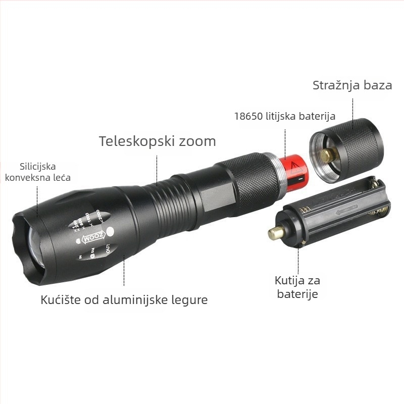 LED svjetiljka s aluminijskim kućištem, 1500 mAh baterija, LED izvor svjetla, 360° rotacija, domet 100–200 m, za patrolu