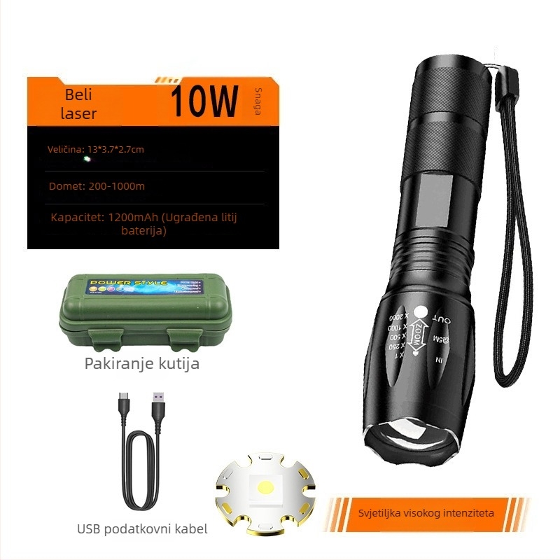 LED svjetiljka s aluminijskim kućištem, 1500 mAh baterija, LED izvor svjetla, 360° rotacija, domet 100–200 m, za patrolu