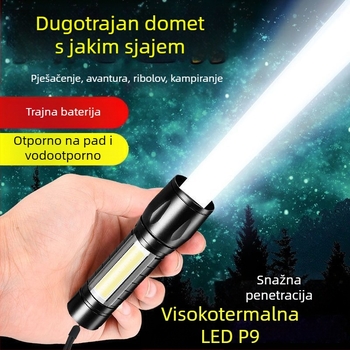 USB punjiva baterijska svjetiljka, 5W LED+COB, vodootporna, za vanjsku upotrebu, domet 100–200 m, ručni pogon, višefunkcionalna
