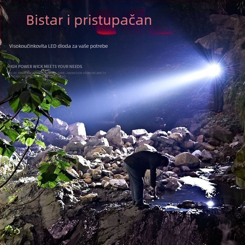 USB punjiva baterijska svjetiljka, 5W LED+COB, vodootporna, za vanjsku upotrebu, domet 100–200 m, ručni pogon, višefunkcionalna