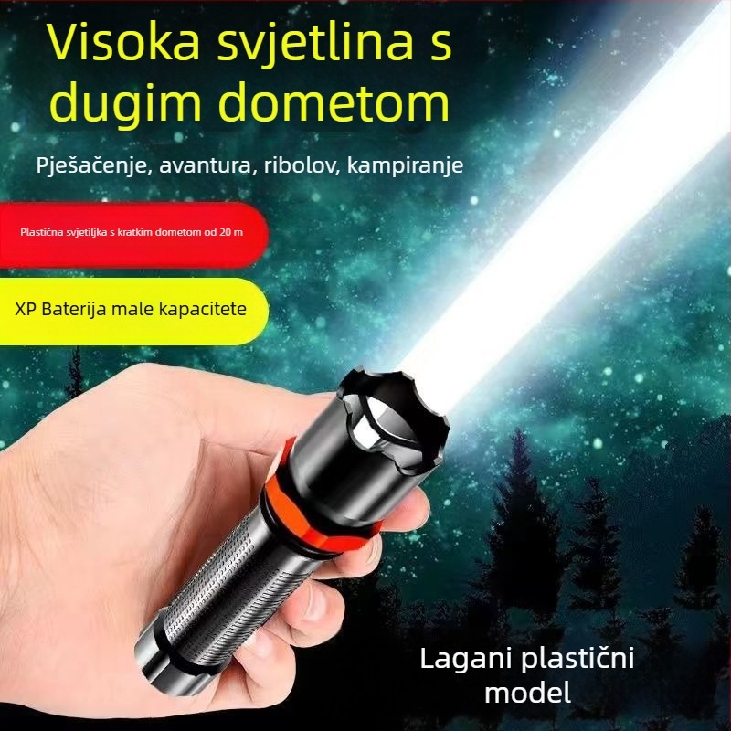 USB punjiva baterijska svjetiljka, 5W LED+COB, vodootporna, za vanjsku upotrebu, domet 100–200 m, ručni pogon, višefunkcionalna