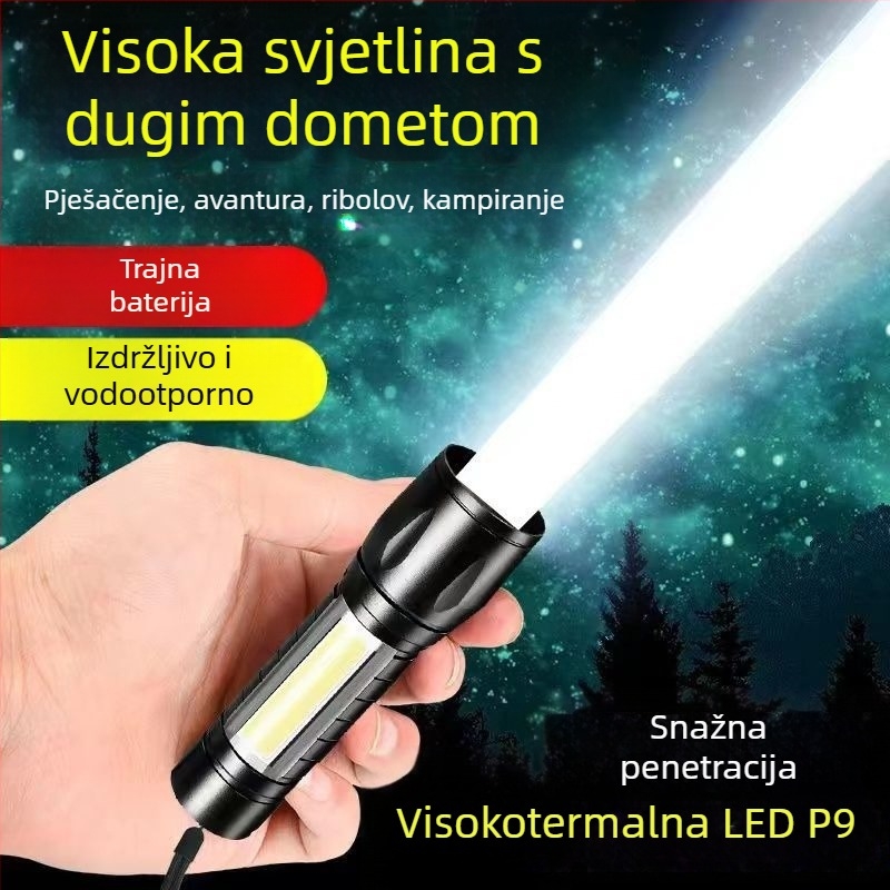 USB punjiva baterijska svjetiljka, 5W LED+COB, vodootporna, za vanjsku upotrebu, domet 100–200 m, ručni pogon, višefunkcionalna