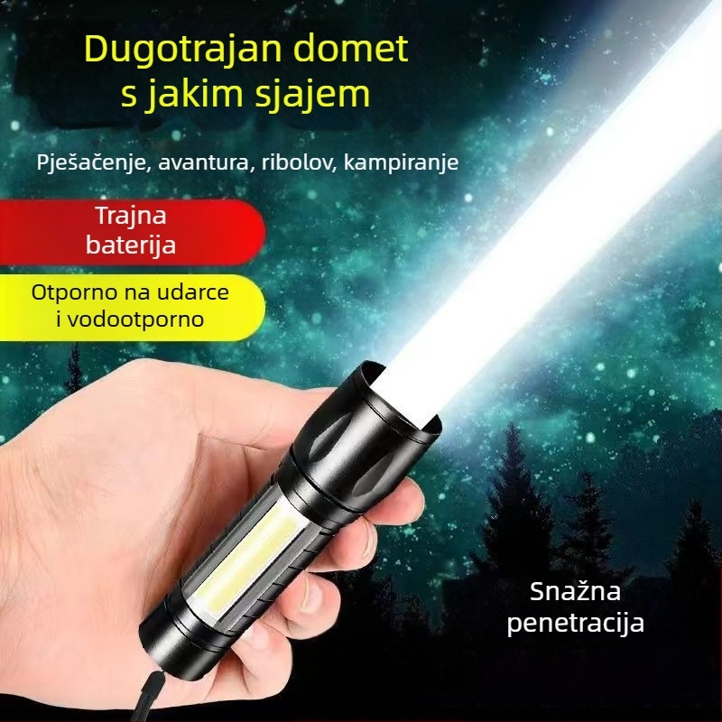 USB punjiva baterijska svjetiljka, 5W LED+COB, vodootporna, za vanjsku upotrebu, domet 100–200 m, ručni pogon, višefunkcionalna