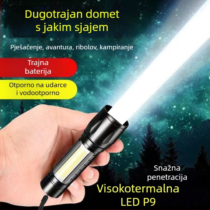 USB punjiva baterijska svjetiljka, 5W LED+COB, vodootporna, za vanjsku upotrebu, domet 100–200 m, ručni pogon, višefunkcionalna