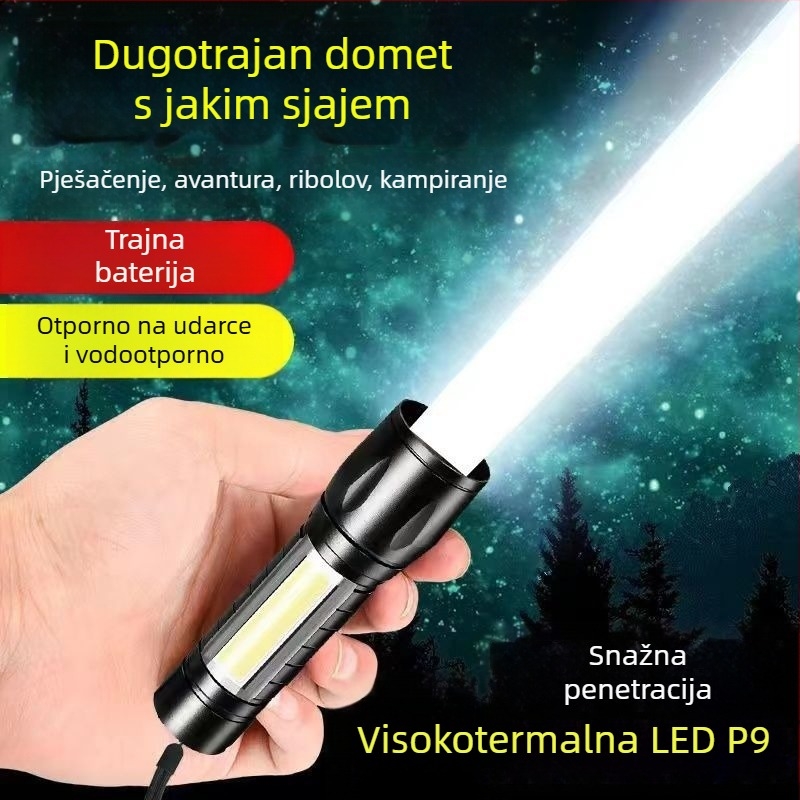 USB punjiva baterijska svjetiljka, 5W LED+COB, vodootporna, za vanjsku upotrebu, domet 100–200 m, ručni pogon, višefunkcionalna