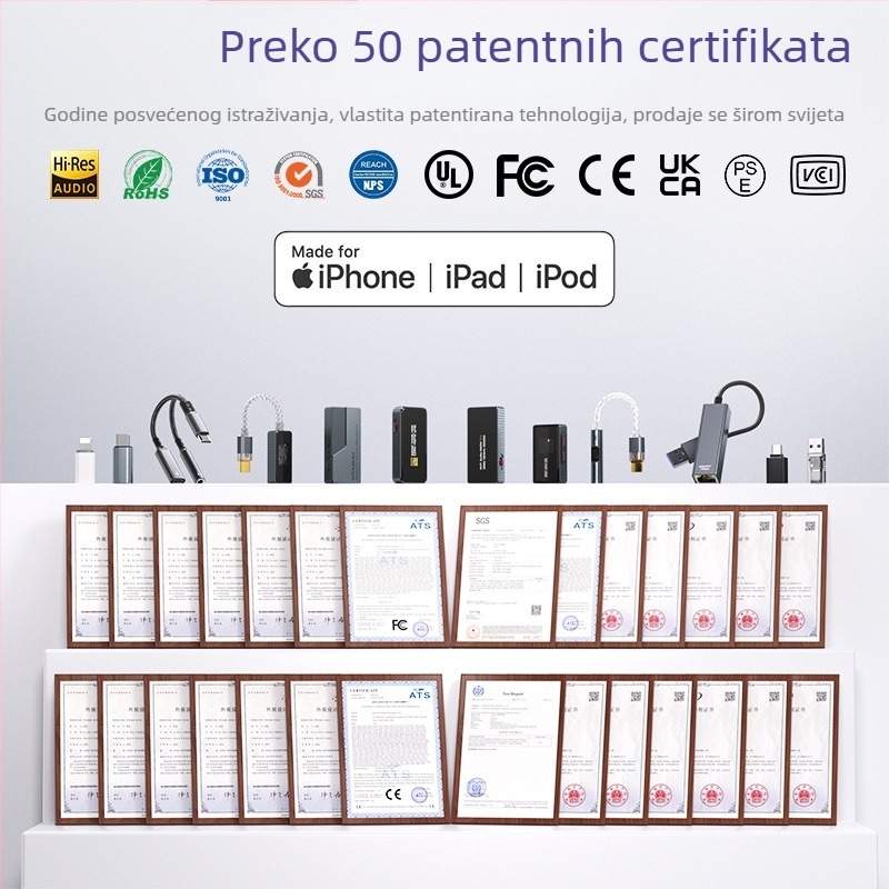 HiFi DAC i pojačalo za slušalice 3,5 mm i USB-C, prijenosna zvučna kartica sa srebrnim premazom na bakrenom jezgru