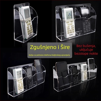 Akrilni zidni organizator s pretincima za daljinske upravljače, mobitele i kozmetiku – moderan minimalistički proziran dizajn, pogodan za dnevnu sobu i spavaću sobu