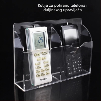 Akrilni zidni organizator s pretincima za daljinske upravljače, mobitele i kozmetiku – moderan minimalistički proziran dizajn, pogodan za dnevnu sobu i spavaću sobu