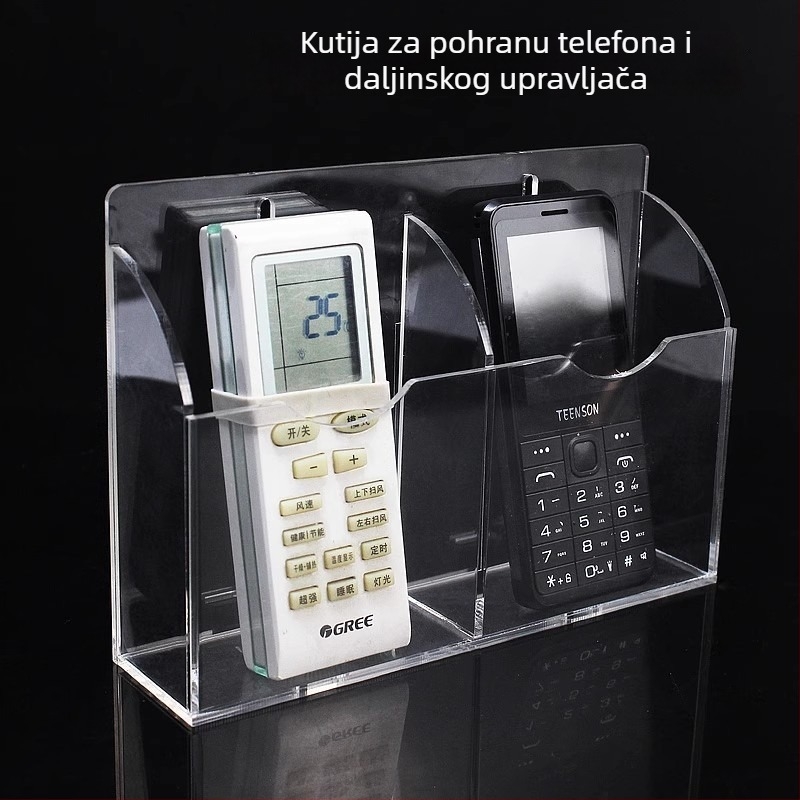 Akrilni zidni organizator s pretincima za daljinske upravljače, mobitele i kozmetiku – moderan minimalistički proziran dizajn, pogodan za dnevnu sobu i spavaću sobu
