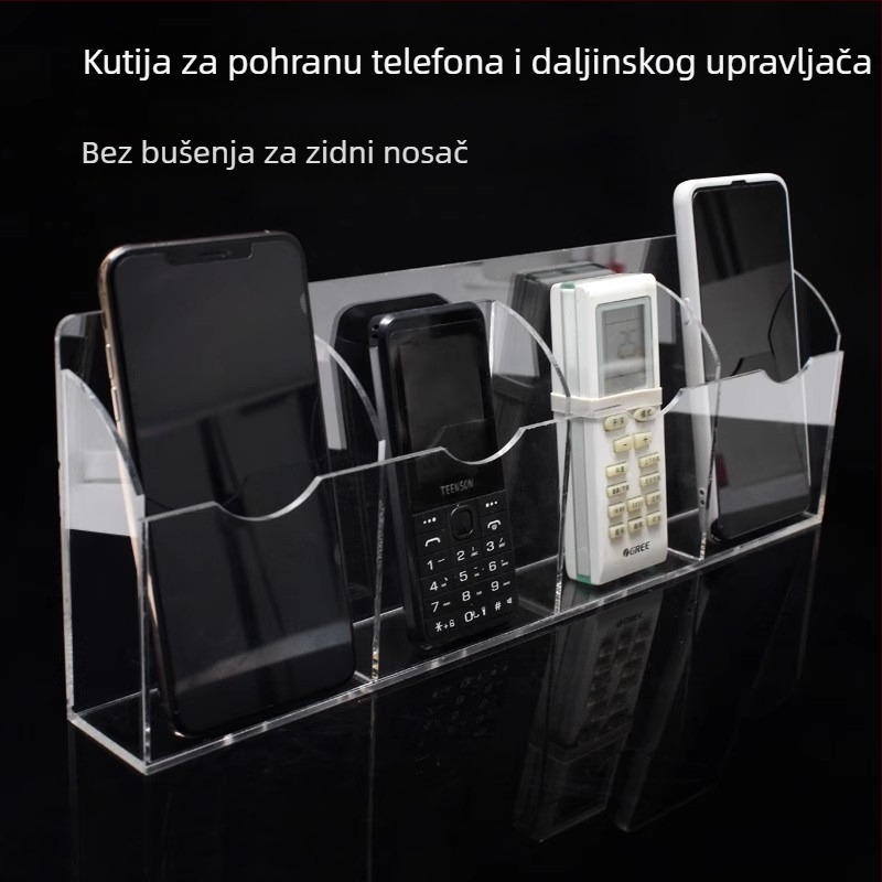 Akrilni zidni organizator s pretincima za daljinske upravljače, mobitele i kozmetiku – moderan minimalistički proziran dizajn, pogodan za dnevnu sobu i spavaću sobu