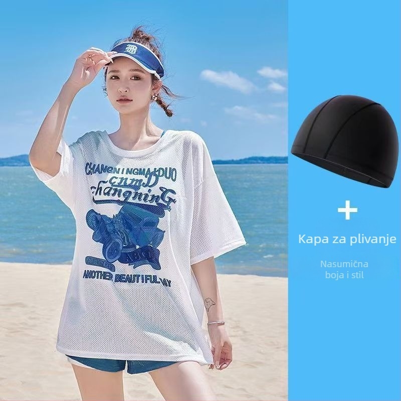 Ženski konzervativni kupaći kostim s tri dijela: odvojeni gornji dio uz labavi vanjski top, cvjetni uzorak, jastučić za prsa, tkanina poliester/nailon