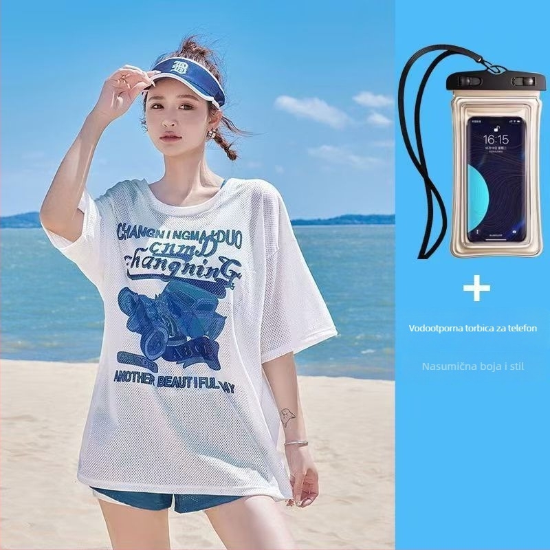 Ženski konzervativni kupaći kostim s tri dijela: odvojeni gornji dio uz labavi vanjski top, cvjetni uzorak, jastučić za prsa, tkanina poliester/nailon