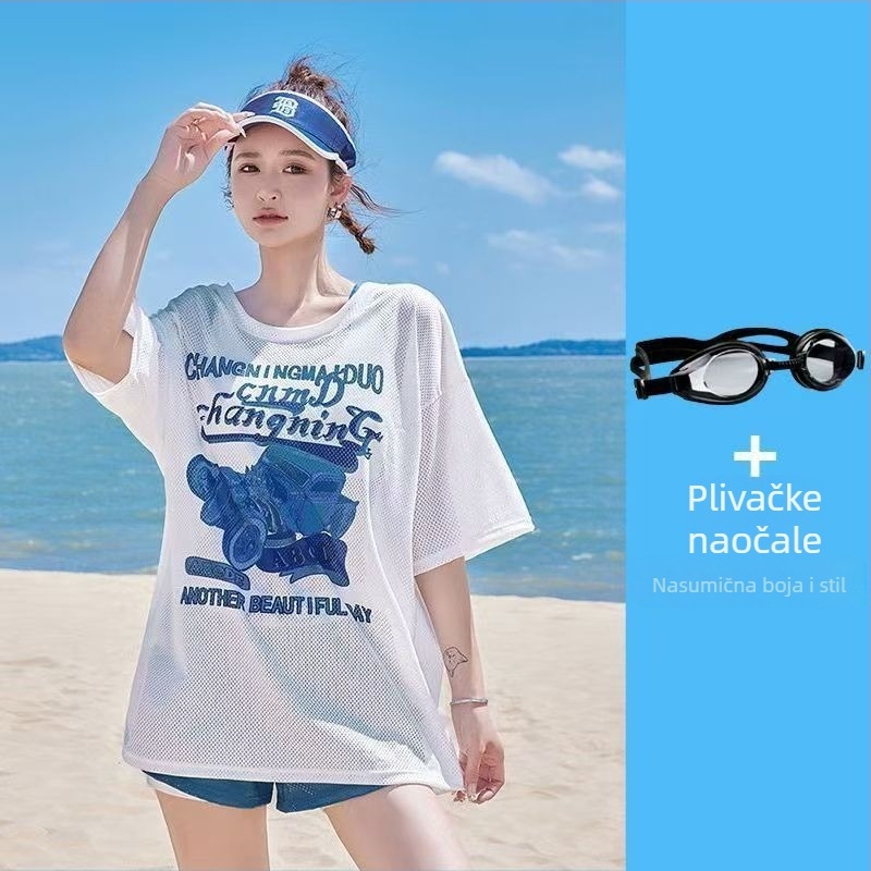 Ženski konzervativni kupaći kostim s tri dijela: odvojeni gornji dio uz labavi vanjski top, cvjetni uzorak, jastučić za prsa, tkanina poliester/nailon