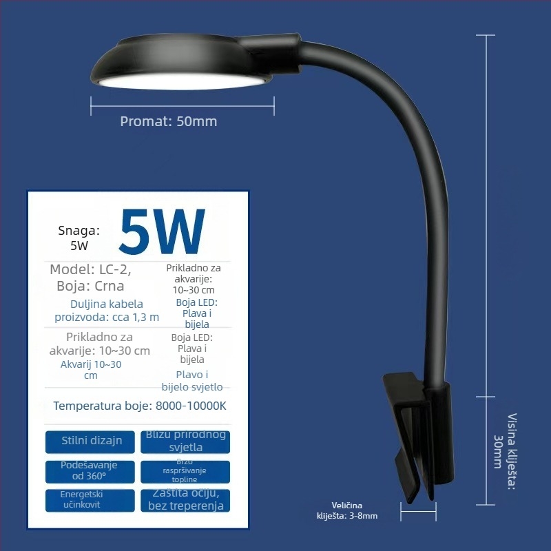 Akvarijsko svjetlo s punim spektromom, USB klip-on, za rastline, Betta i koralje, 5W, ABS