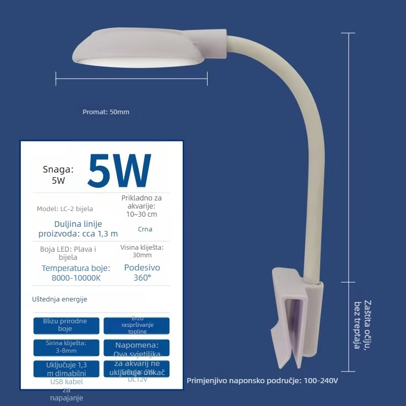 Akvarijsko svjetlo s punim spektromom, USB klip-on, za rastline, Betta i koralje, 5W, ABS