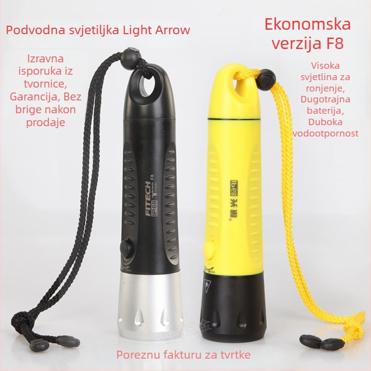 Light Arrow F8 potopna svjetiljka — IP68, LED osvjetljenje, kućište od aluminijske legure + inženjerska plastika, vijek trajanja baterije 6–7 sati, pogodna za otvoreno ronjenje, spašavanje, kampiranje i ribolov