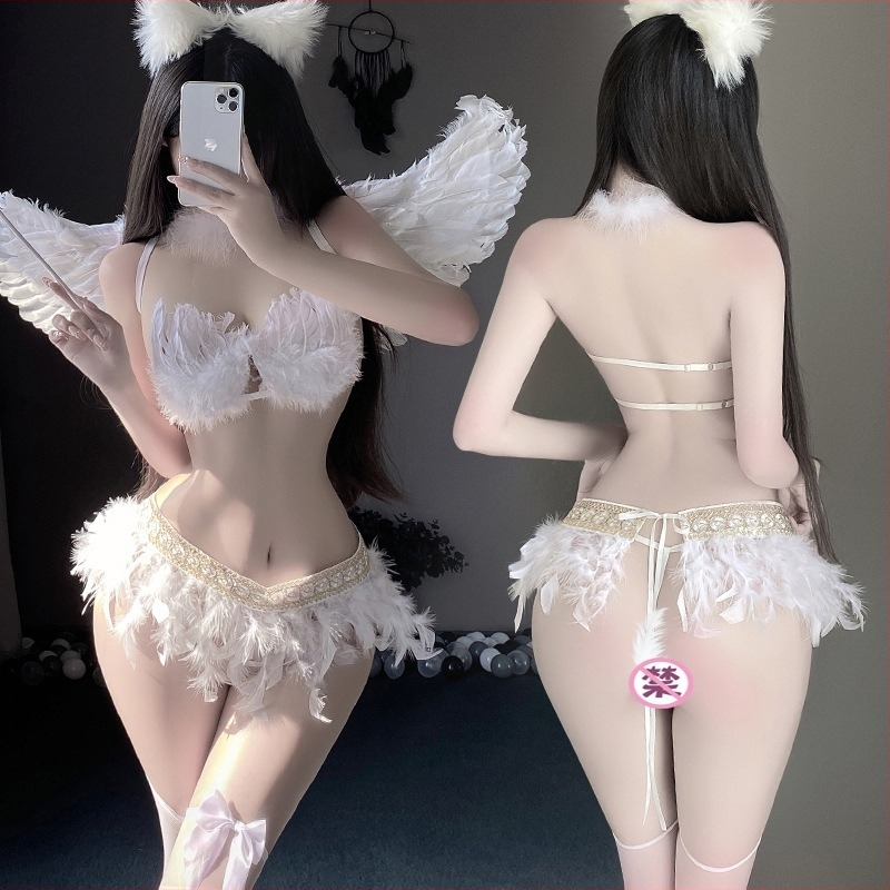 Manyan seksi donje rublje set: tube top s trostrukim stilom, anđeo kostim s krilima, poliester 90–95%