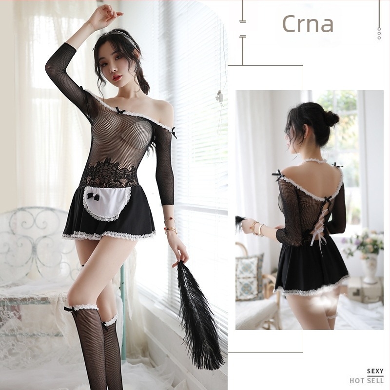 Uniforma služavke – seksi set s prozirnim čarapama, smjesa poliester-spandeksa za žene