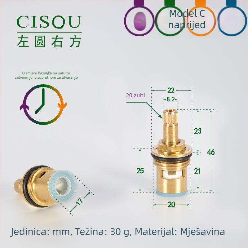 Kutni ventil za topla i hladna voda, tijelo od mesinga, keramički jezgreni ventil, bakrena glava, 90° okret, maksimalna temperatura 90°C