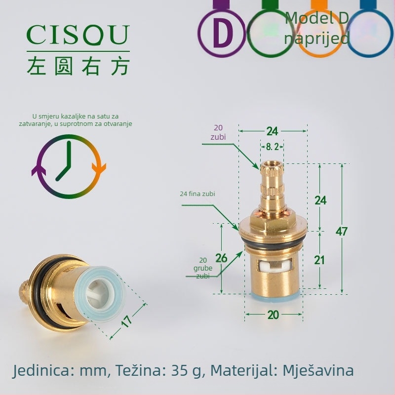 Kutni ventil za topla i hladna voda, tijelo od mesinga, keramički jezgreni ventil, bakrena glava, 90° okret, maksimalna temperatura 90°C