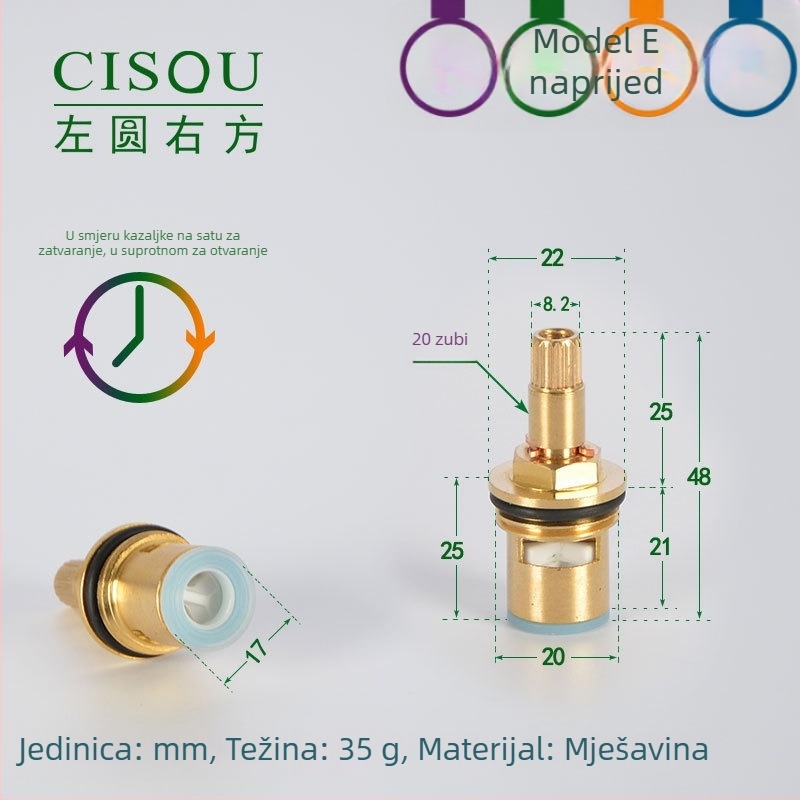 Kutni ventil za topla i hladna voda, tijelo od mesinga, keramički jezgreni ventil, bakrena glava, 90° okret, maksimalna temperatura 90°C