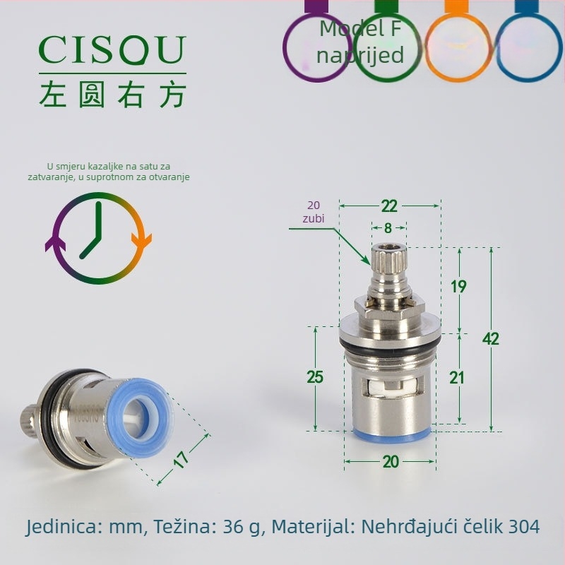 Kutni ventil za topla i hladna voda, tijelo od mesinga, keramički jezgreni ventil, bakrena glava, 90° okret, maksimalna temperatura 90°C