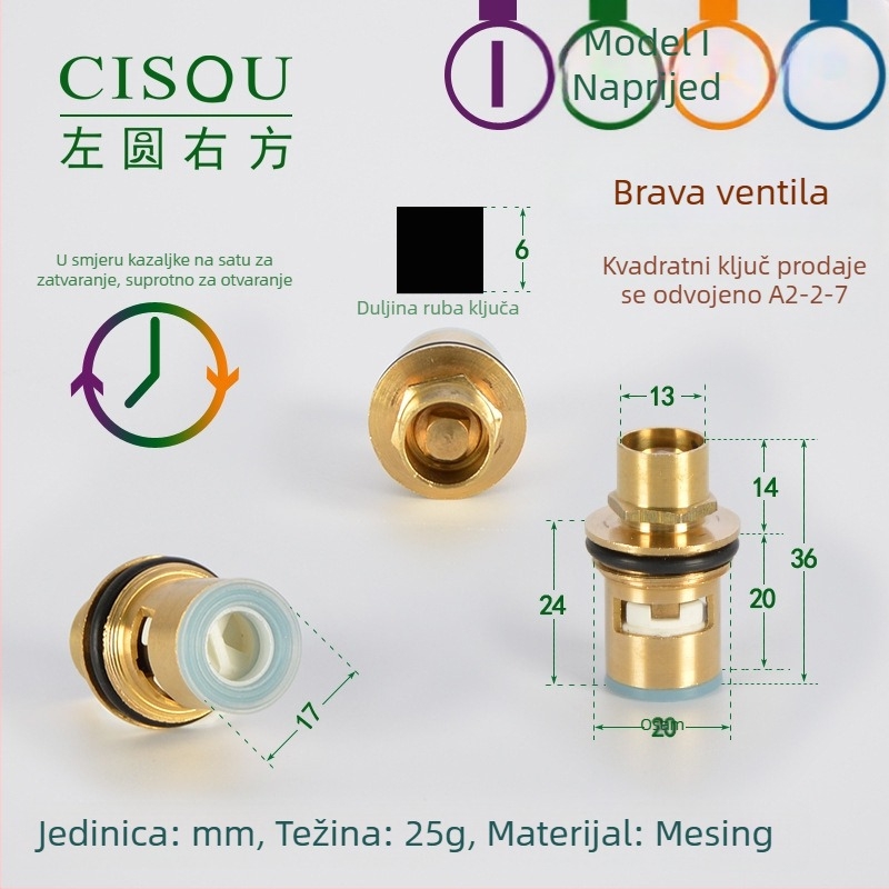 Kutni ventil za topla i hladna voda, tijelo od mesinga, keramički jezgreni ventil, bakrena glava, 90° okret, maksimalna temperatura 90°C