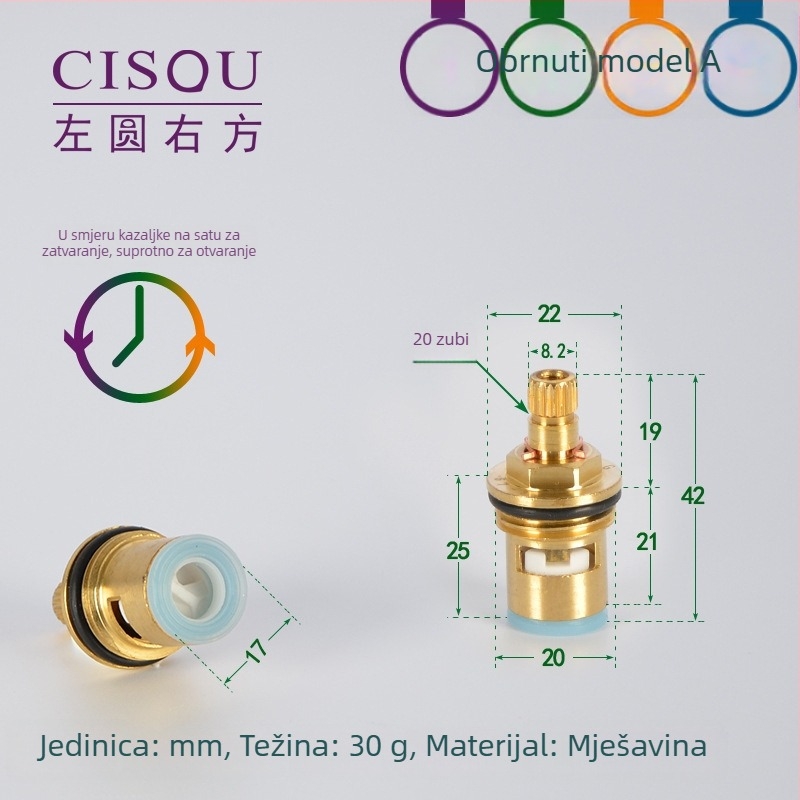 Kutni ventil za topla i hladna voda, tijelo od mesinga, keramički jezgreni ventil, bakrena glava, 90° okret, maksimalna temperatura 90°C