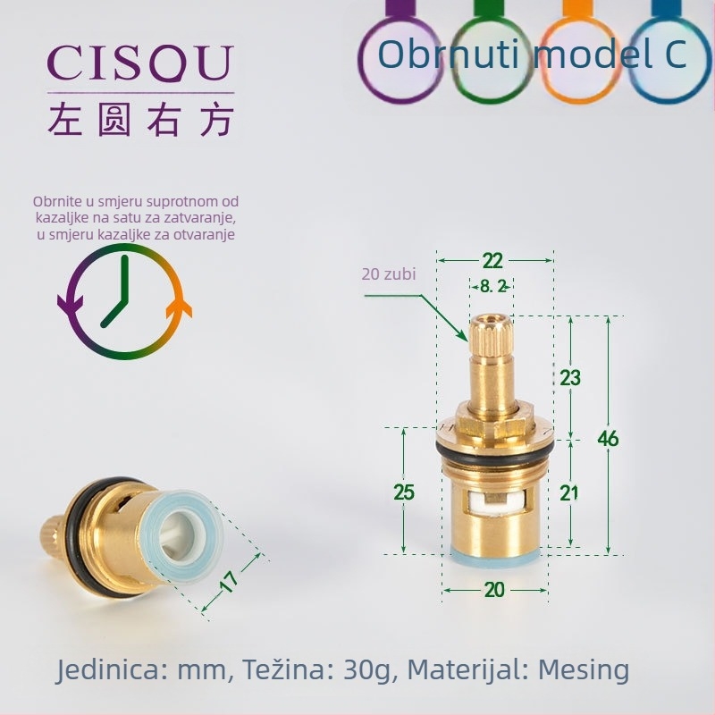 Kutni ventil za topla i hladna voda, tijelo od mesinga, keramički jezgreni ventil, bakrena glava, 90° okret, maksimalna temperatura 90°C