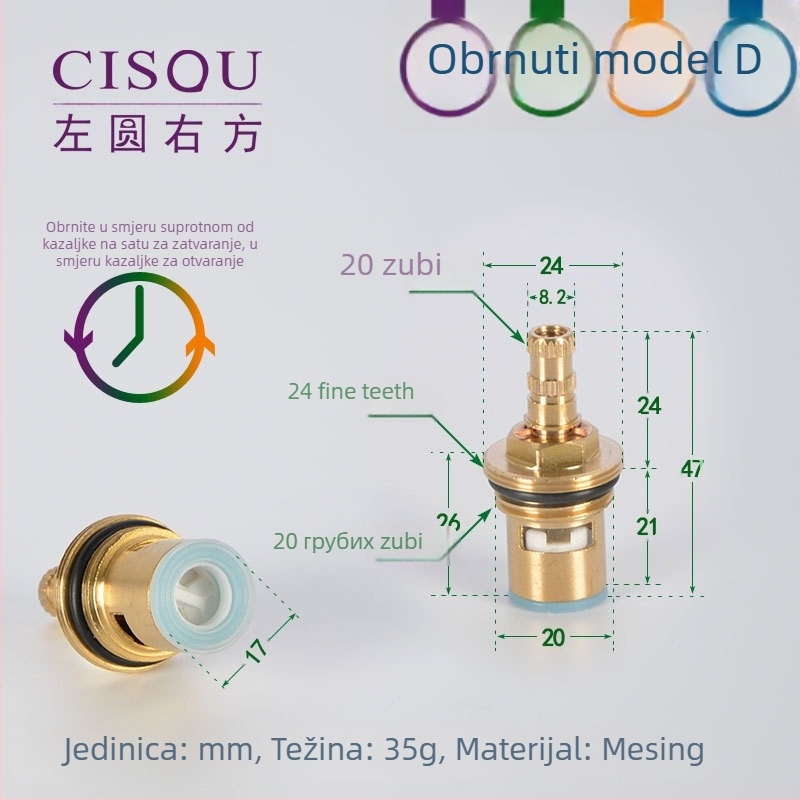 Kutni ventil za topla i hladna voda, tijelo od mesinga, keramički jezgreni ventil, bakrena glava, 90° okret, maksimalna temperatura 90°C
