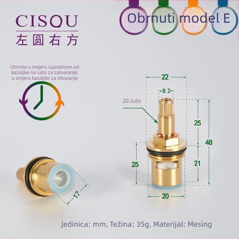 Kutni ventil za topla i hladna voda, tijelo od mesinga, keramički jezgreni ventil, bakrena glava, 90° okret, maksimalna temperatura 90°C